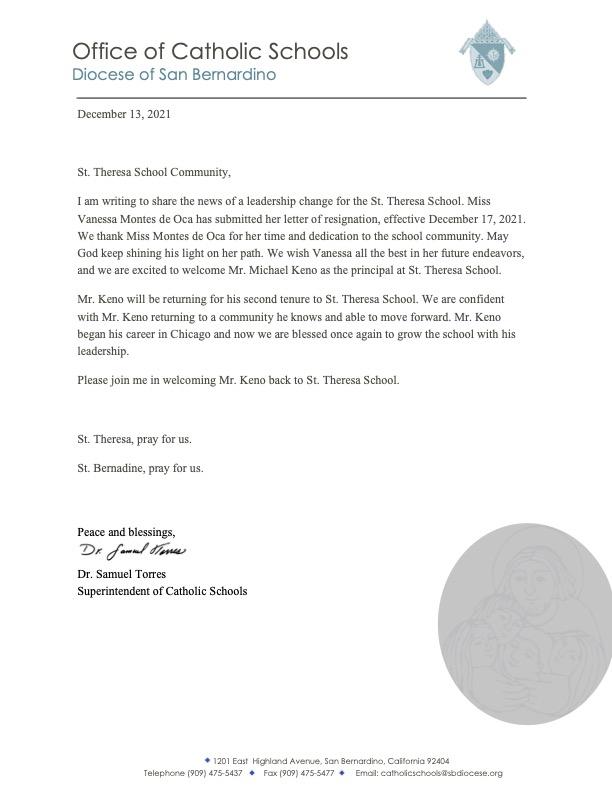 letter from the Office of Catholic Schools re; transition of principal